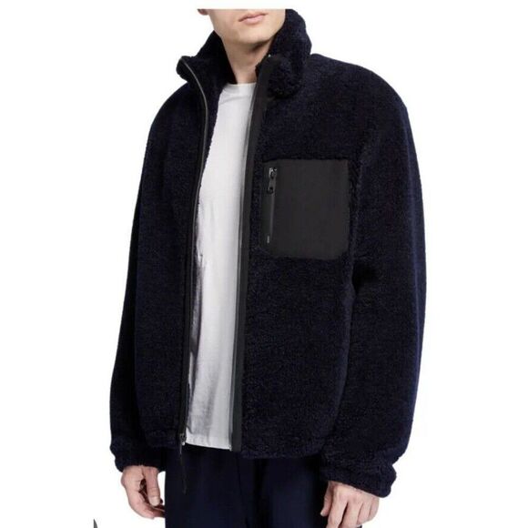 NWOT  Vince Men’s Navy Blue Sherpa Faux Shearling Fuzzy Full ZipJacket coat - Picture 1 of 13